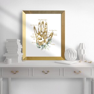 May include: A framed print featuring a golden hand with labeled palmistry details. The artwork includes botanical accents and is set in a gold frame. The print is displayed on a white surface with decorative items.