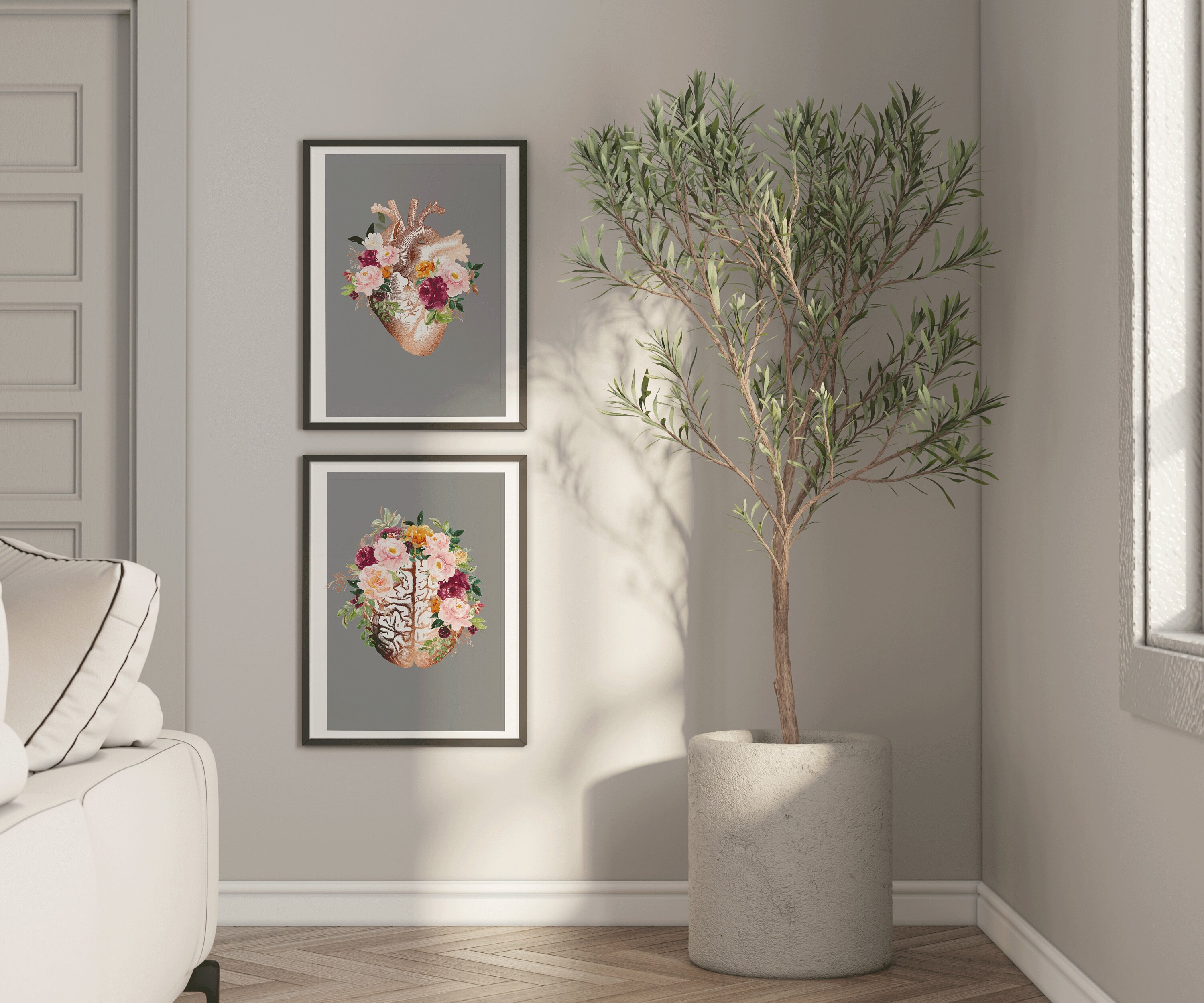 Printable Floral Anatomy Art Set – Heart and Brain Anatomy Wall Art ...