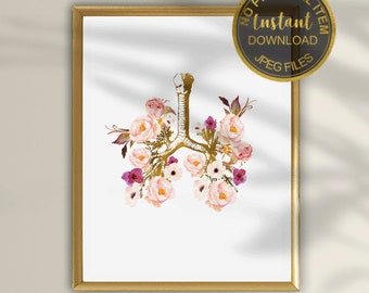 Lámina artística floral de anatomía pulmonar para clínicas y consultorios médicos: arte mural de anatomía pulmonar humana, regalo médico imprimible