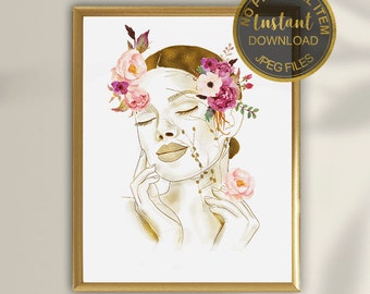 Referencia de masaje de drenaje linfático facial / Arte mural para esteticistas y masajes faciales / Imprimible para clínica de spa