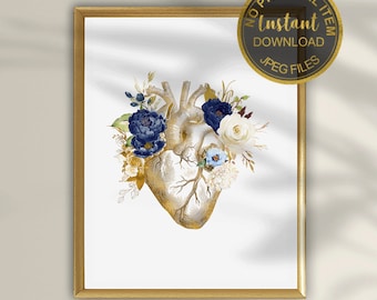 Floral hart anatomie Art Print, anatomische hart kunst aan de muur, cardiologie kantoor decor, dokter cadeau, medische anatomie afdrukbare