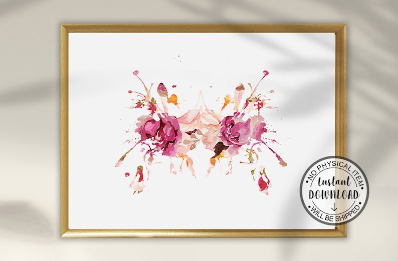 May include: A digital printable art print featuring a watercolor painting of pink flowers with a symmetrical design. The flowers are painted in shades of pink, white, and orange, and the background is white.