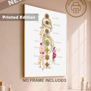 Könnte beinhalten: Ein vertikaler Wandkunstdruck mit einer gold umrandeten menschlichen Profilsilhouette und sieben farbigen Chakrasymbolen entlang der Wirbelsäule. Das Design enthält florale Akzente in Rosa- und Orangetönen sowie Textbeschriftungen.