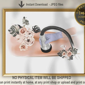 Peut inclure: Illustration numérique d'une personne recevant un traitement de contour du corps. La personne est allongée sur une table avec un appareil utilisé sur son corps. L'illustration est sur un fond de fleurs roses et blanches.