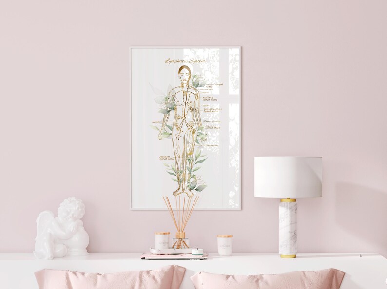 May include: A framed illustration of the lymphatic system with a female figure in the center. The illustration is in a watercolor style with gold accents and green foliage. The text "Lymphatic System" is at the top of the frame.