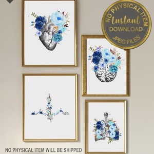 Doctor Medical Art Set, Blue Anatomy Art, Heart, Brain, Lungs, EKG, Nurse Gift, Doctor Gift, Doctor Office Decor,Nurse Decor, Anatomy Poster