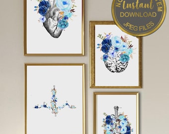 Doctor Medical Art Set, Blue Anatomy Prints, Heart Brain Lungs EKG, Medical Office Decor, Anatomy Poster Download