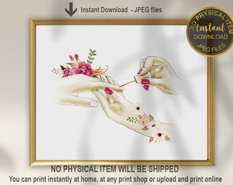 May include: A framed print featuring a watercolor illustration of a manicure. One hand is applying red nail polish to another hand. The image includes floral accents and the text "Instant Download - JPEG files".