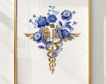 Doctor Graduation Gift, Medical Wall Art, Gold Caduceus Print, Nurse Gift, Doctor Office Decor, Medical Student Gift, Chinoiserie Art