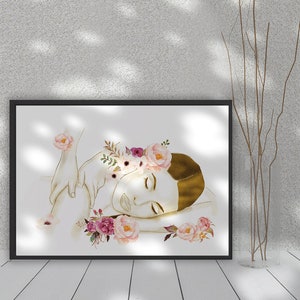 May include: A watercolour painting of a person sleeping with a floral crown on their head. The painting is in shades of pink, gold, and white.