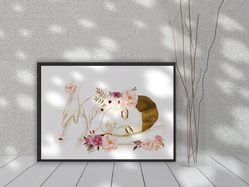 May include: A watercolour painting of a person sleeping with a floral crown on their head. The painting is in shades of pink, gold, and white.
