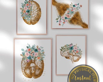 Therapy Office Decor, Psychology Art Prints Set, Floral Brain Anatomy Art, Psychologist Office Wall Art, Psychiatry Gift, Printable Art