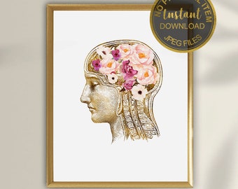 Puede incluir: Impresión de arte imprimible de una ilustración anatómica dorada de una cabeza humana con flores rosas y blancas en el área del cerebro. El texto "Descarga instantánea - Archivos JPEG" está en la parte superior de la imagen.