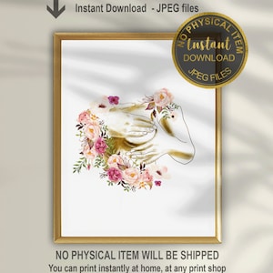 Peut inclure: Téléchargement instantané d'une impression d'art imprimable représentant un contour doré de mains formant un cœur avec des fleurs d'aquarelle roses et blanches. Le texte "Téléchargement instantané - Fichiers JPEG" est en haut de l'image. Le texte "AUCUN ARTICLE PHYSIQUE NE SERA EXPÉDIÉ" est en bas de l'image. Le texte "Vous pouvez imprimer instantanément à la maison, dans n'importe quelle imprimerie ou télécharger et imprimer en ligne" est sous le texte "AUCUN ARTICLE PHYSIQUE NE SERA EXPÉDIÉ".