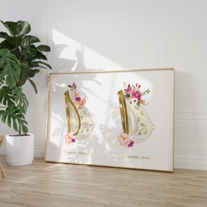May include: A gold framed print with two illustrations of breast implants. Each illustration is adorned with pink and purple watercolor flowers. The text "Submuscular Implant" and "Subglandular Implant" is printed below each illustration.