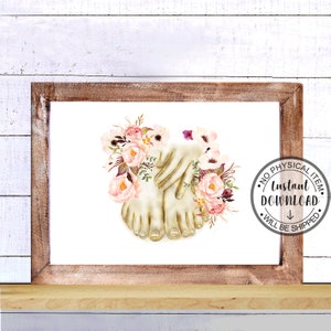 May include: A printable digital art print featuring a watercolor illustration of two bare feet surrounded by pink, white, and burgundy flowers. The text "Instant Download" is visible in the lower right corner of the image.