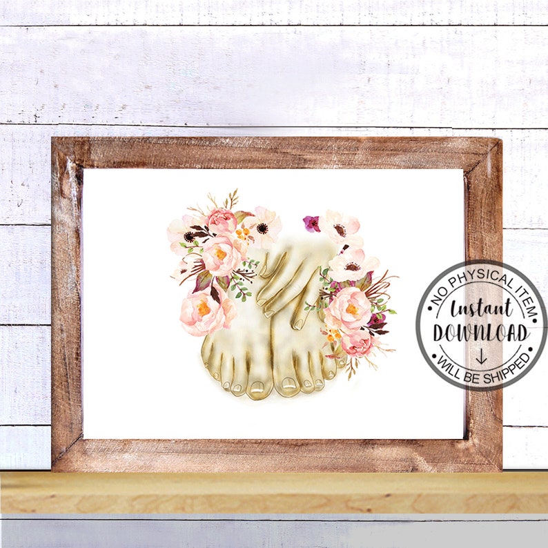 May include: A printable digital art print featuring a watercolor illustration of two bare feet surrounded by pink, white, and burgundy flowers. The text "Instant Download" is visible in the lower right corner of the image.