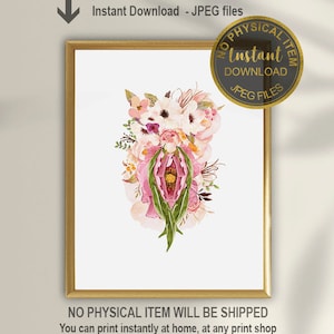 Arte floral de vulva, impresión de vagina, regalo de partera, arte femenino, arte anatómico, regalo de obstetra, decoración de oficina de ginecólogo, estudiante de ginecología.