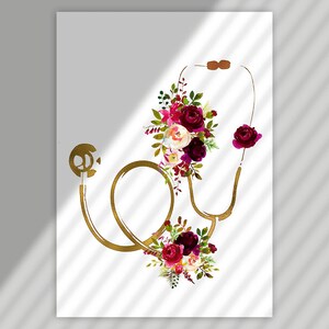 May include: Gold stethoscope with burgundy and pink watercolor flowers. The stethoscope is a medical symbol.