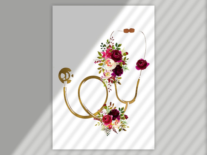 May include: Gold stethoscope with burgundy and pink watercolor flowers. The stethoscope is a medical symbol.