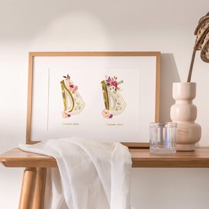 May include: A framed print with two illustrations of a harp decorated with pink and white flowers. The text below each harp reads "Chromatic Harp" and "Orchestra Harp".