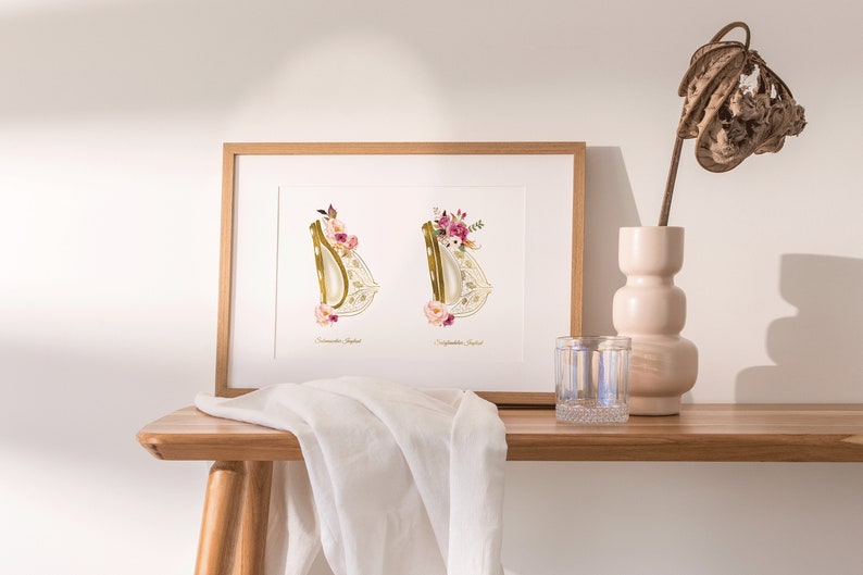 May include: A framed print with two illustrations of a harp decorated with pink and white flowers. The text below each harp reads "Chromatic Harp" and "Orchestra Harp".