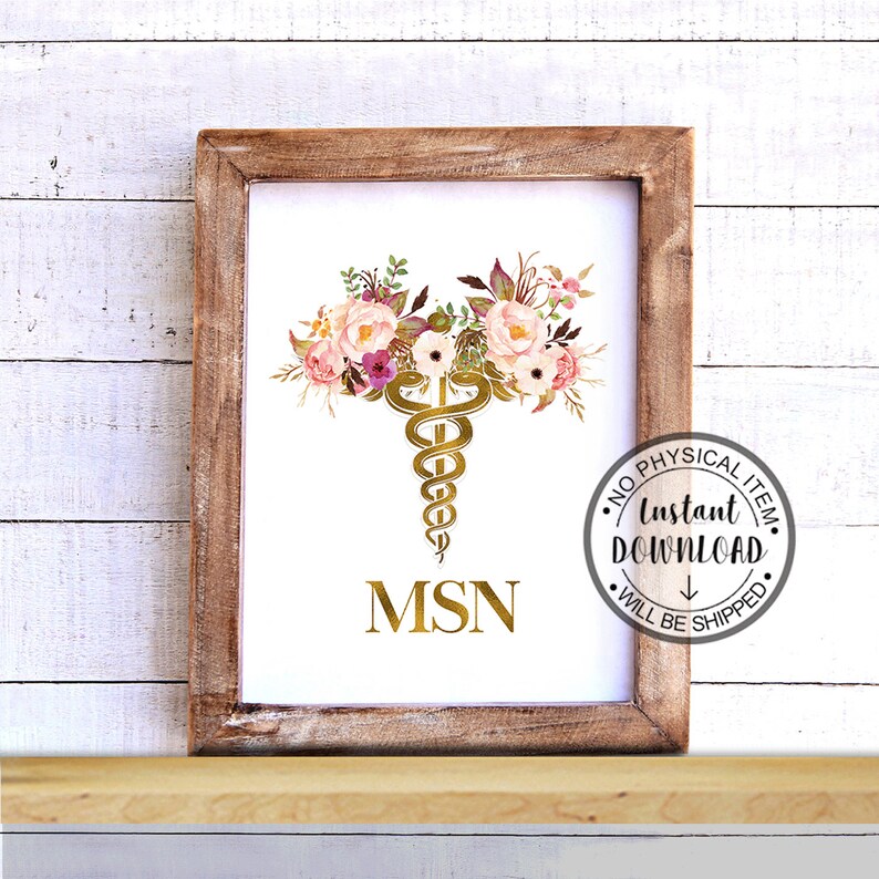 May include: A printable digital download of a gold medical caduceus symbol with pink and white floral accents. The text "MSN" is below the symbol.