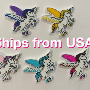 Unicorn Wood Buttons, Cute & Colorful Unicorns, 5 Mixed Colors, 29.5x29x2.5mm w/2 holes, approx. 1&quot; tall, Any quantity, Fast ship from USA