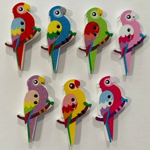 Parrot Wood Buttons, Cute & Colorful Parrots, 7 Mixed Colors, 35x20x4mm w/ 2 holes, approx. 1 1/3&quot; tall, Any quantity, Fast ship from USA