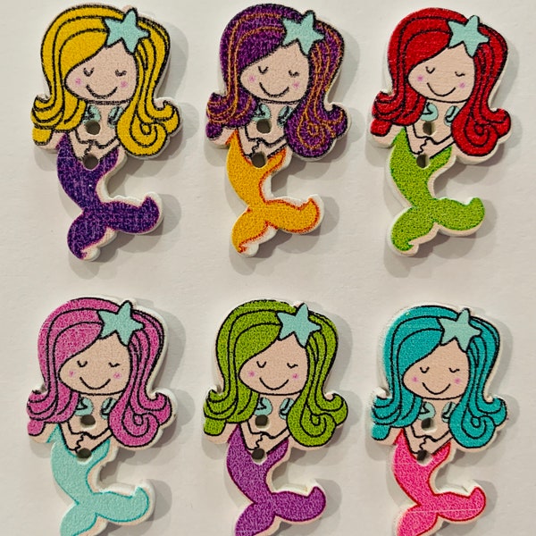 Mermaid Wood Buttons, Cute & Colorful Mermaids, 6 Mixed Colors, 30x17x3mm w/ 2 holes, approx. 1 1/4" tall, Any quantity, Fast ship from USA