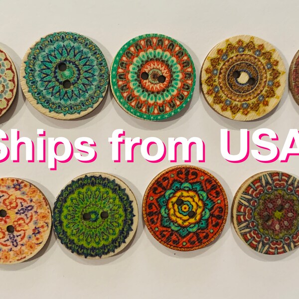 Printed Round Wood Buttons: Colorful Mandala Designs (25mm)