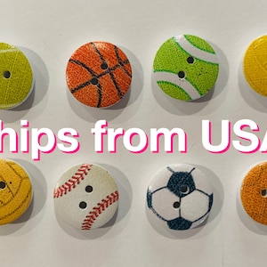 Sports Balls Wood Buttons, Assorted Sports Balls, 8 Mixed Colors, 15x4mm w/2 holes, approx. 5/8&quot; round, Any quantity, Fast ship from USA