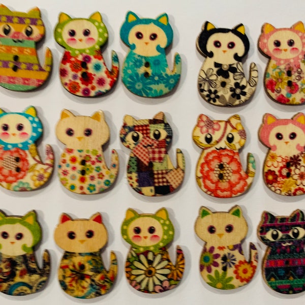 Cat Wood Buttons, Cute & Colorful Cats, 15 Mixed Colors, 29.5x21.5x2.5mm with 2 holes, approx. 1 1/4" tall, Any quantity, Fast ship from USA