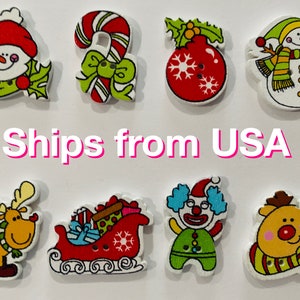 Christmas Wood Buttons, Cute & Colorful Assortment, sizes vary with 2 holes, approx. 1&quot; tall, Any quantity, Fast ship from USA