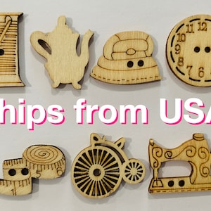 Sewing antique Wood Buttons, Natural wood color, 7 Assorted sizes with 2 holes, approx. 1&quot; to 1 1/4&quot; tall, Any quantity, Fast ship from USA