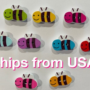 Bee Wood Buttons, Cute & Colorful Bees, 9 Mixed Colors, 20x13x3.5mm with 2 holes, approximately 3/4&quot; long, Any quantity, Fast ship from USA