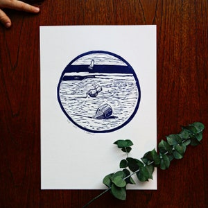 Low tide - buoys - linocut