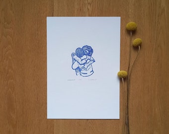 Enlacement ( linogravure impression main  * amitié amour)