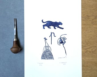 May include: A blue and white print of a black panther, a peacock, and a parrot. The print is titled "F. Leopard" and "E. Turpawt" with the year 2020 and 2022.