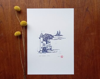 Port Navalo Lighthouse - linocut