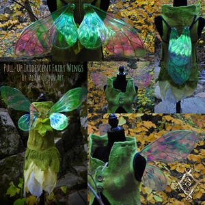 May include: A collage of images showcasing pull-up iridescent fairy wings. The wings are a vibrant mix of green, pink, and purple, attached to green vests. The text "PULL-UP IRIDESCENT FAIRY WINGS BY: ADAM QUINN ART" is visible.