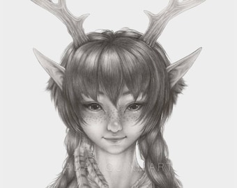 May include: A grayscale drawing of a person with antlers, elf-like ears, and braided hair. The person is wearing a necklace with a butterfly pendant and a feather. The drawing is signed "Adam Quinn Art".