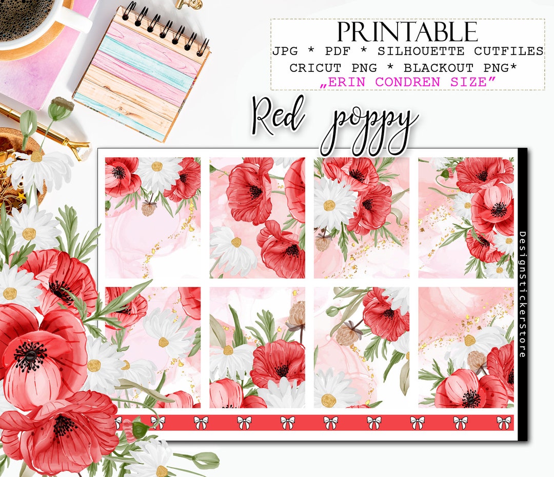 RED POPPY Printable Watercolor Floral Stickers/floral Photo Weekly Kit ...