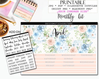 BLUE and PEACH FLORAL monthly kit/Printable monthly kit/Floral monthly stickers/April monthly kit/Monthly stickers for Erin Condren planner