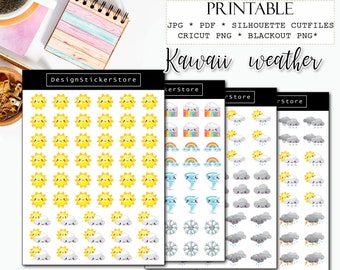 KAWAII WEATHER printable planner stickers/Printable weather icons/Printable kawaii weather stickers