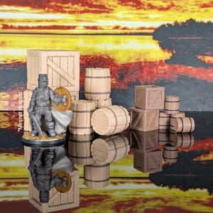 Puede incluir: Un conjunto de barriles y cajas de madera en miniatura, perfecto para juegos de mesa o maquetas de trenes. Los barriles están pintados en un color madera natural, mientras que las cajas están pintadas en un color marrón oscuro. El conjunto incluye una variedad de tamaños y formas, lo que lo hace versátil para cualquier proyecto.