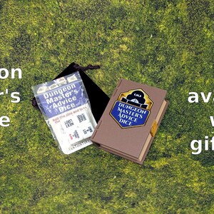 May include: The image shows a set of "Dungeon Master's Advice Dice" with a gift box. The dice are packaged in a clear plastic bag and a brown box with a blue and gold emblem. The text "Dungeon Master's Advice Dice" is visible.