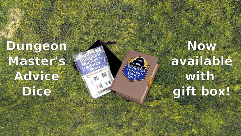 May include: The image shows a set of "Dungeon Master's Advice Dice" with a gift box. The dice are packaged in a clear plastic bag and a brown box with a blue and gold emblem. The text "Dungeon Master's Advice Dice" is visible.