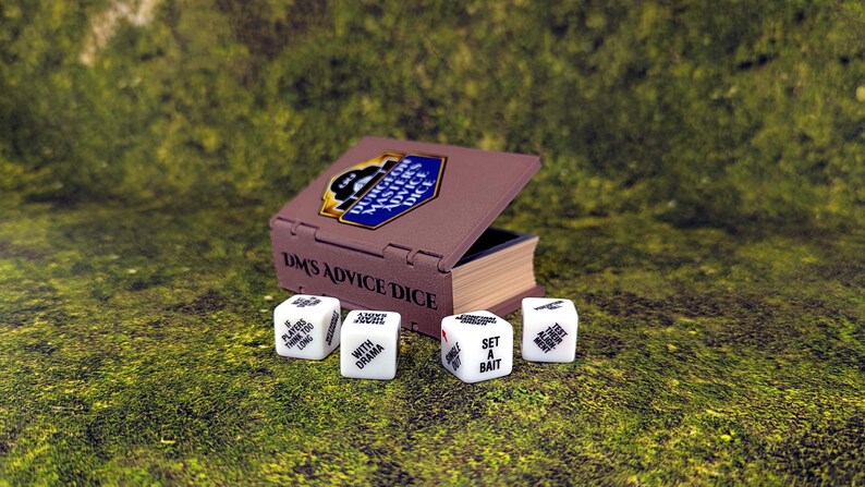 May include: A brown box with the text "DM'S ADVICE DICE" and a blue and gold emblem, open to reveal a stack of pages. Four white dice with phrases like "SET A BAIT" and "WITH DRAMA" are scattered around the box on a green surface.