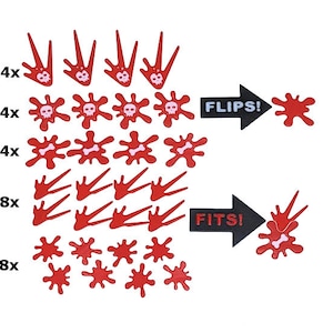May include: Red plastic game pieces with skull and bone designs. The image shows multiple sets of pieces, with arrows indicating how they combine. Text on the image reads "FLIPS!" and "FITS!"